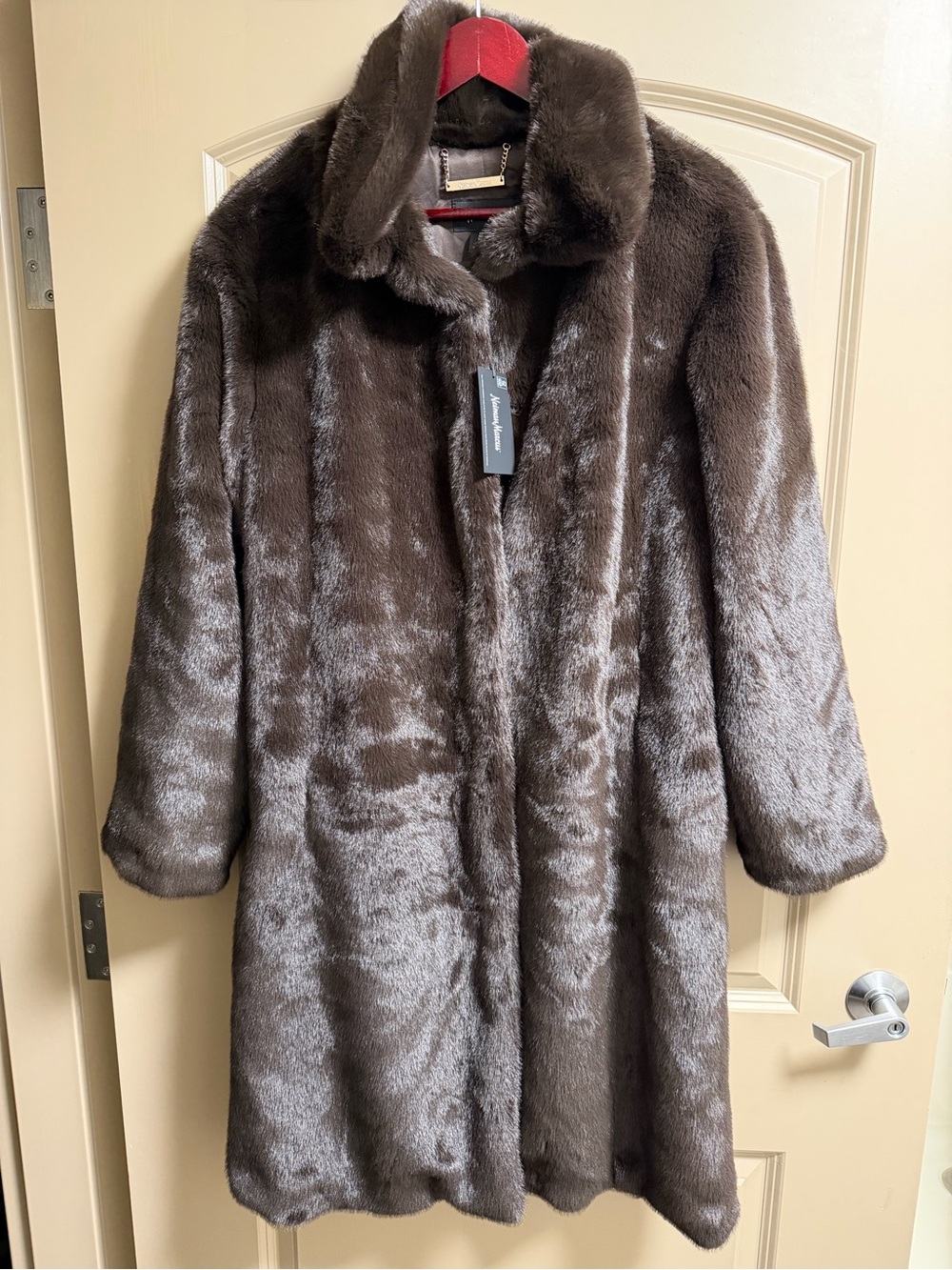 New Women’s Neiman Marcus Full Length Dark Brown Faux-Fur Coat